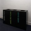 3 black office recycling bins in office corridor