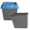 grey office recycling waste bin with blue top. Paper lettering and pictogram.