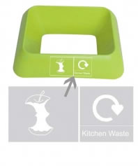 lime green office recycling bin lid with Kitchen Waste lettering and pictogram