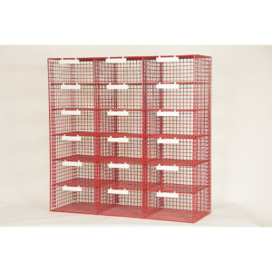 red wire mesh pigeon holes with 18 compartments
