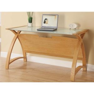 oak worktable with curved wood real wood veneers and white glass top