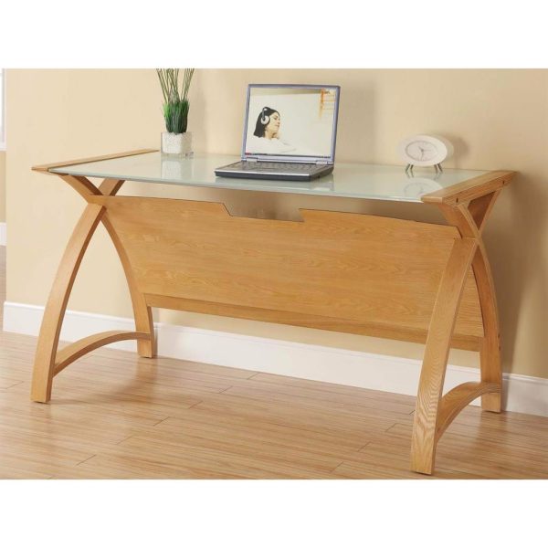 oak worktable with curved wood real wood veneers and white glass top