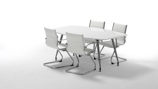 white meeting table in high gloss finish with 4 white meeting chairs