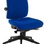 ergonomic office chairs in blue fabric and black base. no arms or headrest