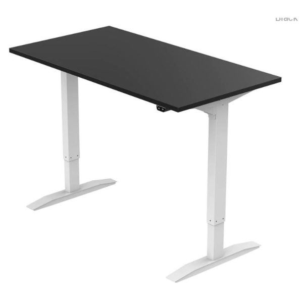 height adjustable desk with black desk top and white leg frame