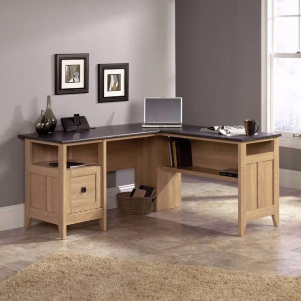 L shaped oak desk in home office setting