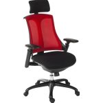 executive mesh office chair with red mesh back and black fabric seat