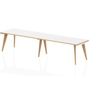 Contemporary office bench desk with white top and wood legs