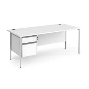 desks with storage with 2 drawer fixed pedestal. IN white finish with silver H frame