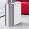 stainless steel office recycling bin in reception by red sofa