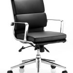 black leather office chair with chrome arms and base