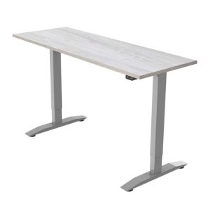 height adjustable desk with white pine desk top and silver leg frame