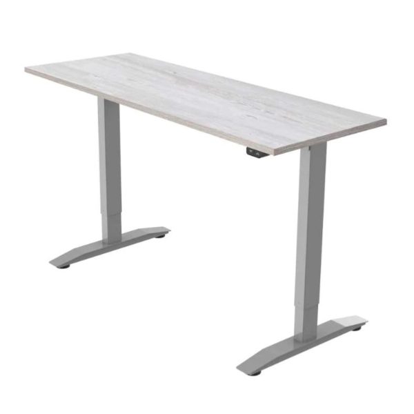 height adjustable desk with white pine desk top and silver leg frame
