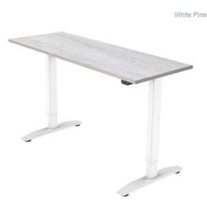 height adjustable desk with pine desk top and white leg frame