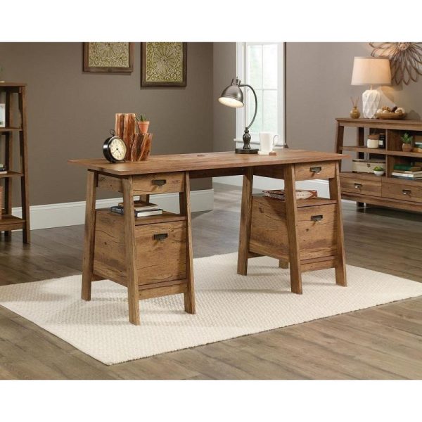 executive trestle style desk in oak finish in home office room set