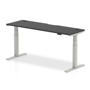 height adjustable desk with black desk top and silver leg frame