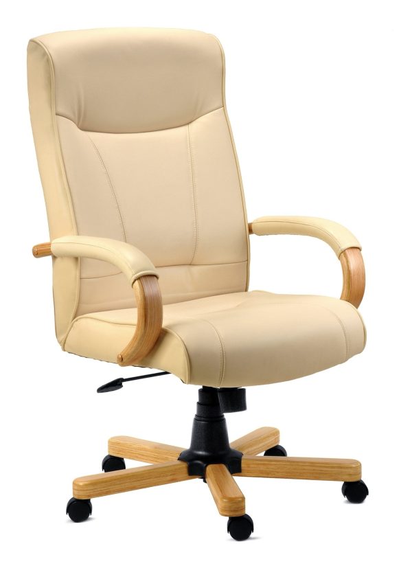 cream leather office chair with wood arms and base