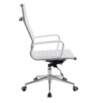 side view of high back executive office chair in white and chrome
