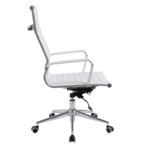 side view of high back executive office chair in white and chrome