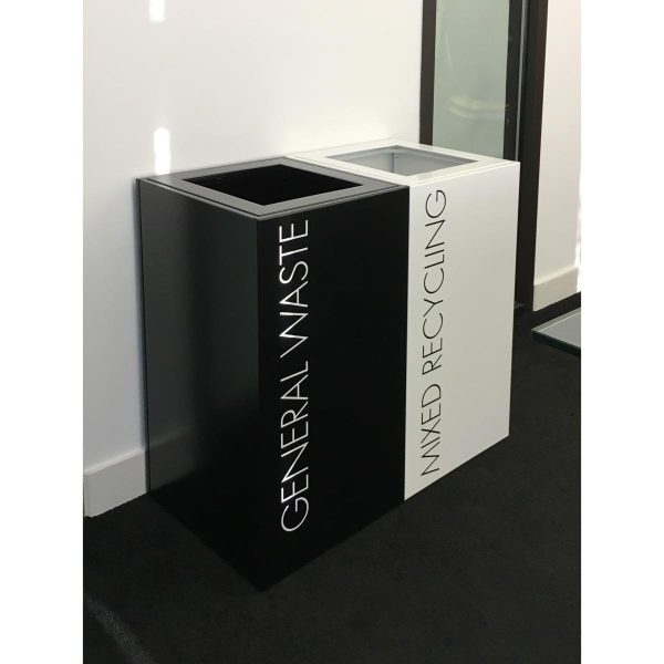 office recycling bins. 1 black with white lettering General Waste and 1 white with black lettering Mixed Recycling