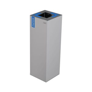 silver office recycling bin with dark grey top and blue paper sticker