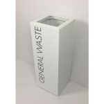 white office recycling bin with black lettering General Waste