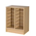 office floor standing mail sorter pigeon hole unit in light wood and clear acrylic shelves. 12 compartments