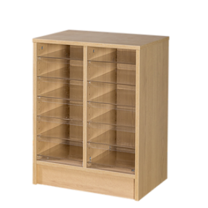 office floor standing mail sorter pigeon hole unit in light wood and clear acrylic shelves. 12 compartments