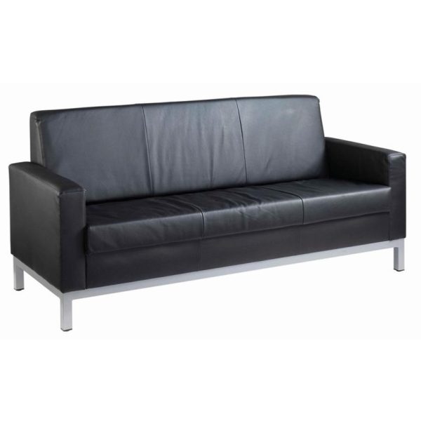 leather reception sofa in black leather and silver frame