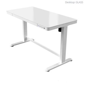 white height adjustable desk glass