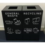 2 black office recycling bins with office office recycling bin stickers