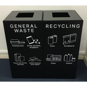 2 black office recycling bins with office office recycling bin stickers