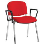 meeting chair in red fabric with chrome frame and black arms.