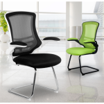 designer visitor chair. mesh back meeting chairs in room set. 1 black with white shell and one green