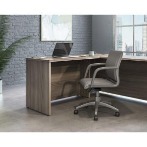 office desk return in elm finish with grey office chair