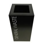 black office recycling bin with white lettering General Waste