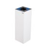 white office recycling bin with grey top and blue labels