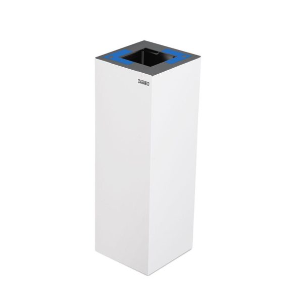 white office recycling bin with grey top and blue labels