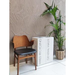 white office recycling bins with black lettering Mixed Recycling and General Waste