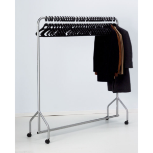 mobile garment rail with casters. Black rail with black plastic captive hangers