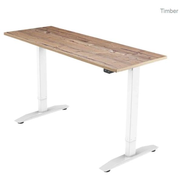 height adjustable desk with timber desk top and white leg frame