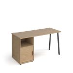 home office desk in oak finish with support pedestal with door. Grey frame
