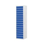 lap top locker with light grey body and blue doors with 15 compartments
