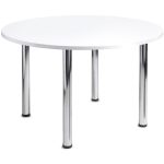 Circular meeting table with white table top and chrome legs