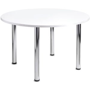 Circular meeting table with white table top and chrome legs
