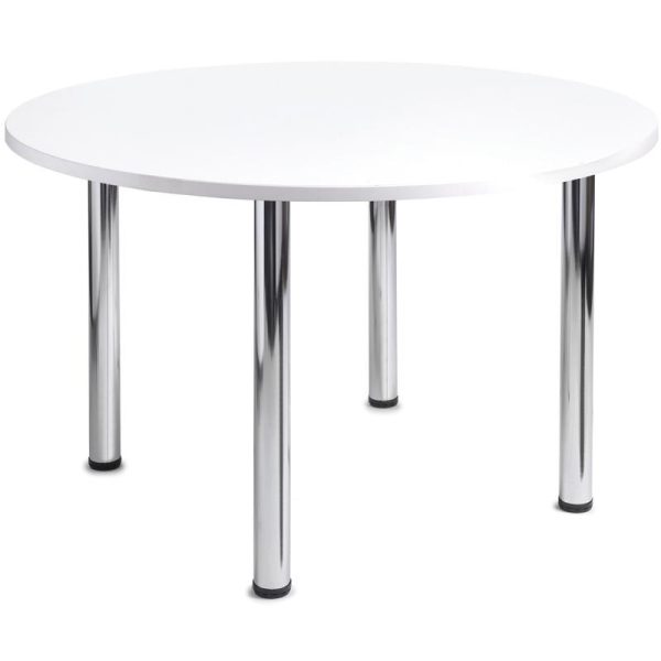 Circular meeting table with white table top and chrome legs