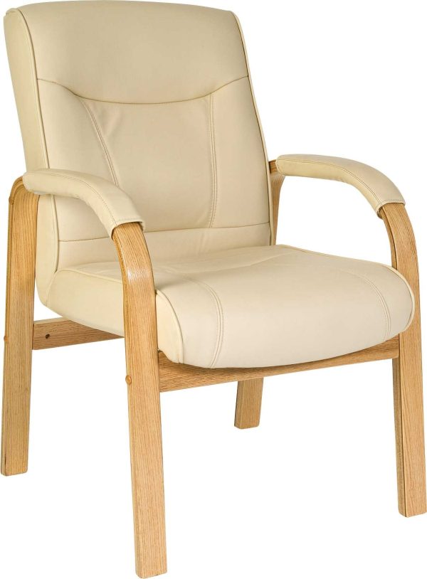 cream leather visitor chair with wooden frame