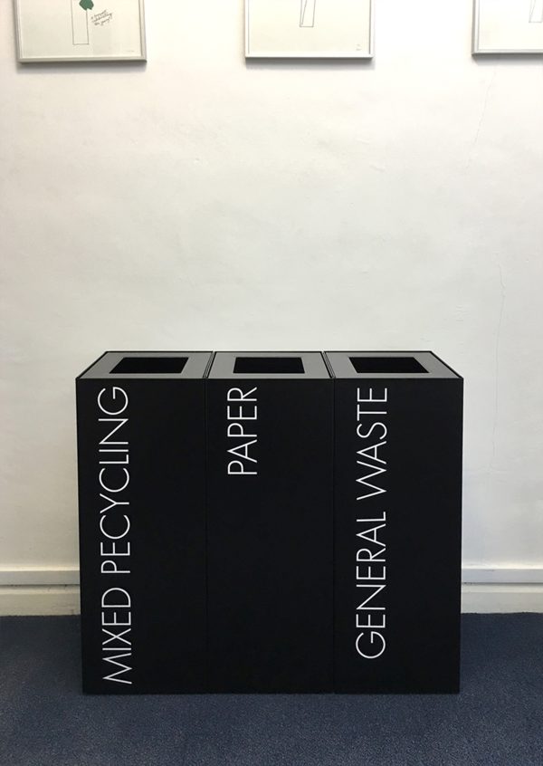 black office recycling bins with white lettering. Mixed Recycling, Paper and General Waste