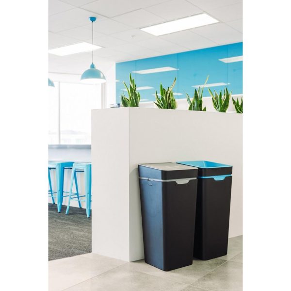 black office recycling bins with grey or blue top
