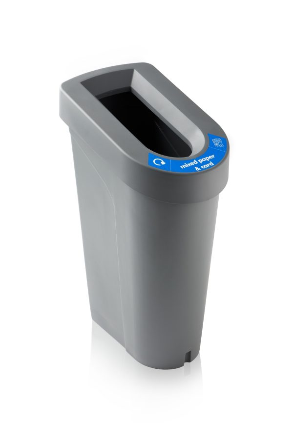 grey office recycling bin with blue Mixed Paper & Card sticker